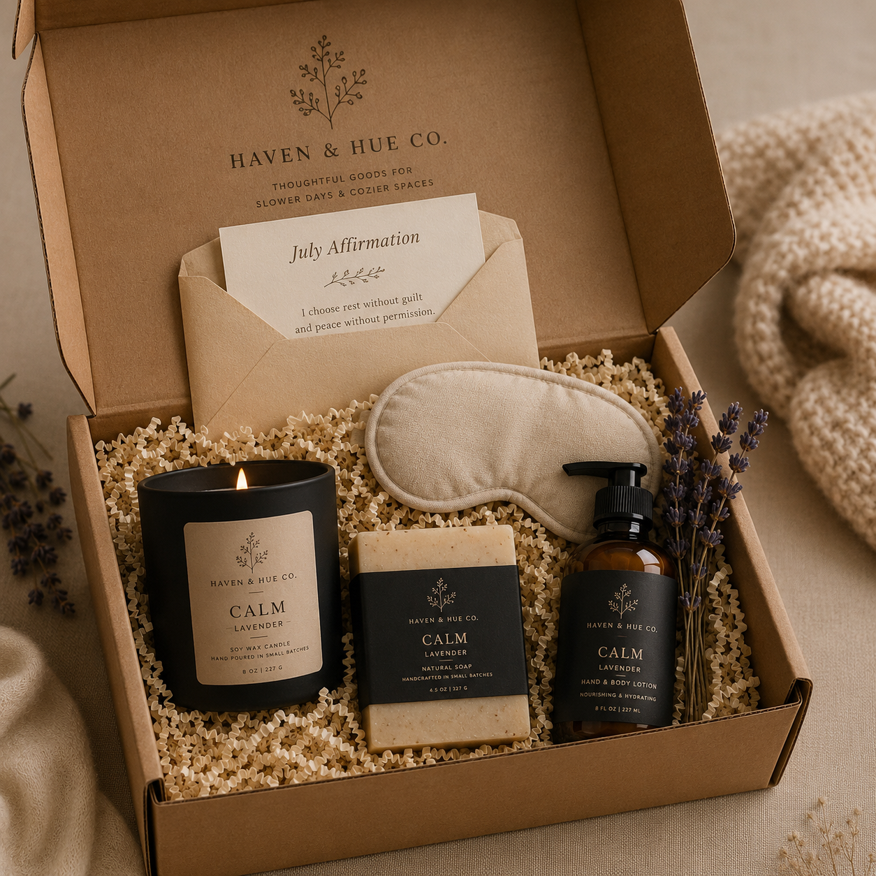Haven & Hue Co. gift set with candle, soap, eye mask, and lavender on a neutral background