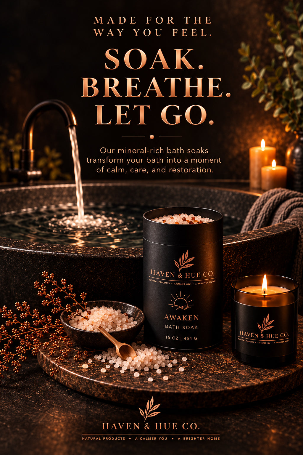 A dark, atmospheric product advertisement for Haven & Hue Co. bath soaks.