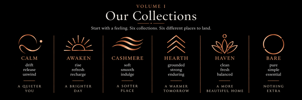 A black promotional banner for 'VOLUME I Our Collections' featuring six illustrated columns with gold icons and text for Calm, Awaken, Cashmere, Hearth, Haven, and Bare scents on a solid black background.